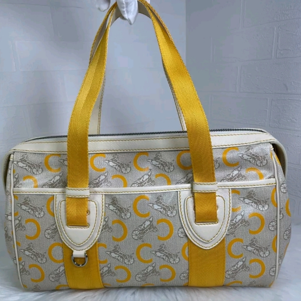 Celine Coated Canvas Handbag w/ C Logo, Horse & Carriage - Yellow, Cream & White